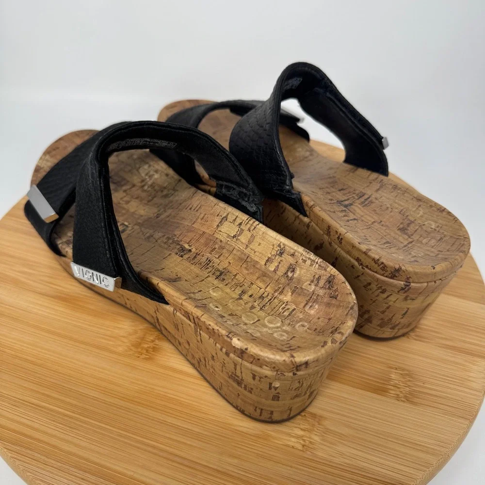 Vionic Pepper Black Snakeskin Leather Cork Wedge Slide Sandals TVW5251 Womens 10